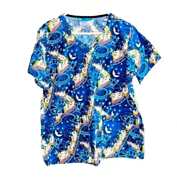 Women’s O2 Scrubs Top L Multicolor V-Neck Tooth Fairy Design Short Sleeve - Picture 1 of 4
